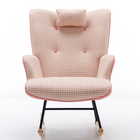 Soft Houndstooth Fabric Rocking Chair For The Baby Room, Comfortable Wingback Gliding Rocking Chair