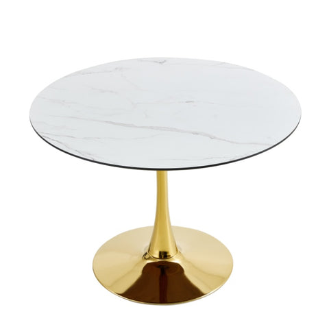 LIVING ROOM DINING TABLE-WHITE ROUND TABLE WITH GOLD LEGS 80CM IN DIAMETER.